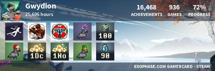 Exophase Steam gamercard for Gwydion, showing current achievements and game activity